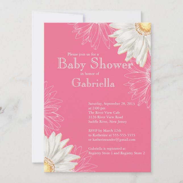 Modern Rosa & vit Gerbera-Daisy Babyskåda Inbjudningar (Framsida)