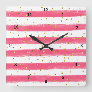 Modern Rosa, Vit, Guld Rand, Konfetti Clock Fyrkantig Klocka