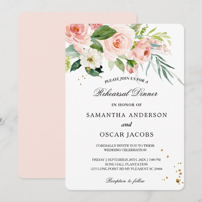 Modern Rosa Watercolor Beauty Flowers & Löv Inbjudningar (Fram/baksida)
