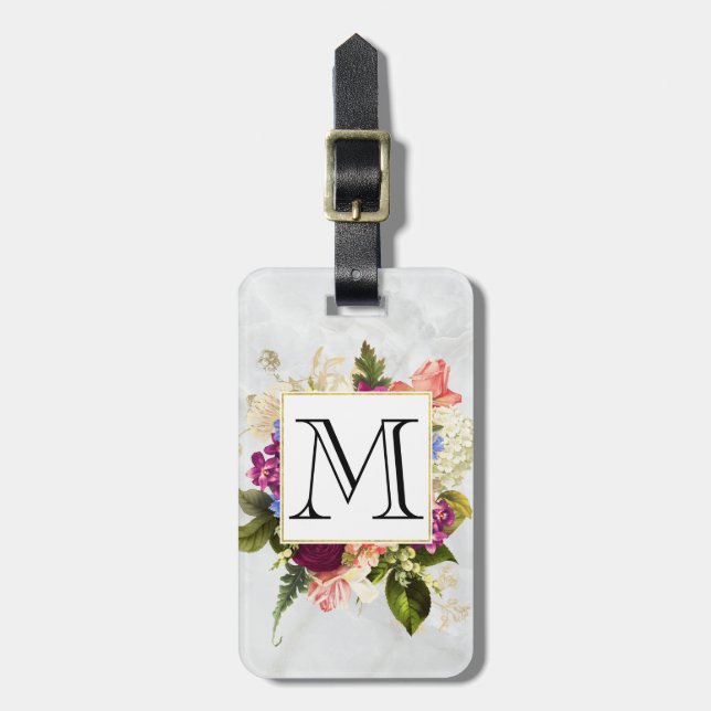 Modern Rosa Watercolor Blommigt Bouquet Monogram Bagagebricka (Vertikal Framsida)