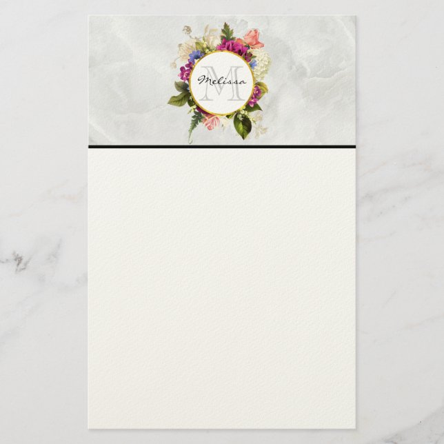 Modern Rosa Watercolor Blommigt Bouquet Monogram Brevpapper (Framsida)