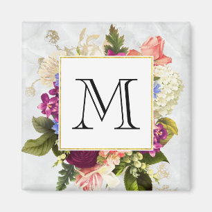 Modern Rosa Watercolor Blommigt Bouquet Monogram Magnet