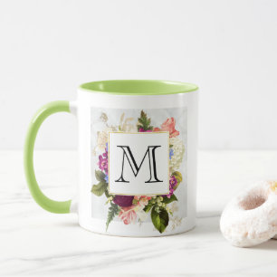 Modern Rosa Watercolor Blommigt Bouquet Monogram Mugg
