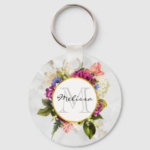 Modern Rosa Watercolor Blommigt Bouquet Monogram Nyckelring