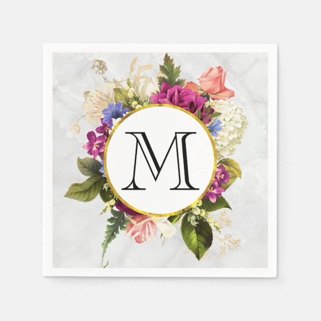 Modern Rosa Watercolor Blommigt Bouquet Monogram Pappersservett (Framsidan)