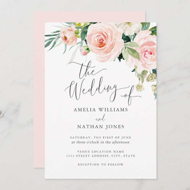 Modern  Rosa Watercolor Blommigt Bröllop Inbjudningar (Fram/baksida)