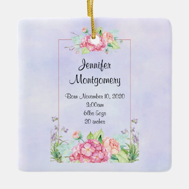 Modern Rosa Watercolor Blommigt Ram Baby Birth Julgransprydnad Keramik (Framsida)