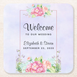 Modern Rosa Watercolor Blommigt Ram Bröllop Underlägg Papper Kvadrat