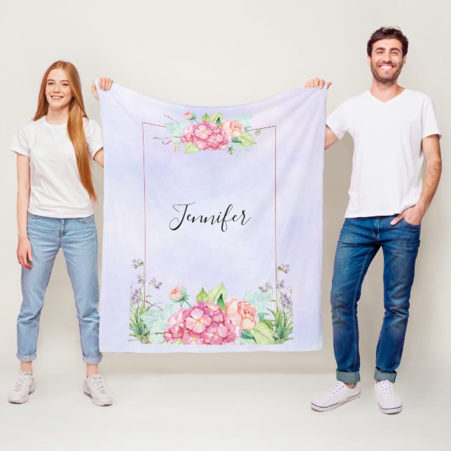 Modern Rosa Watercolor Blommigt Ram Fleecefilt (På plats)