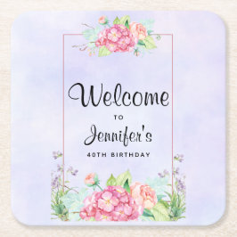 Modern Rosa Watercolor Blommigt Ram födelsedag Underlägg Papper Kvadrat