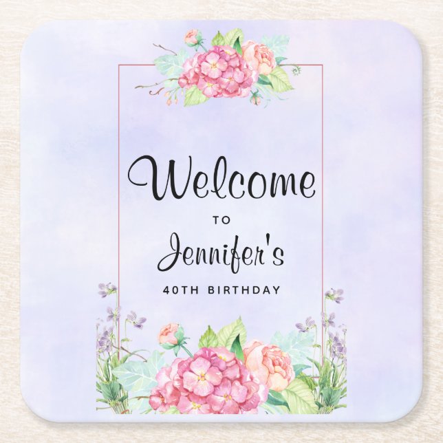 Modern Rosa Watercolor Blommigt Ram födelsedag Underlägg Papper Kvadrat (Framsidan)