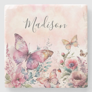 Modern Rosa Watercolor Butterfly Vild Flower Stenunderlägg
