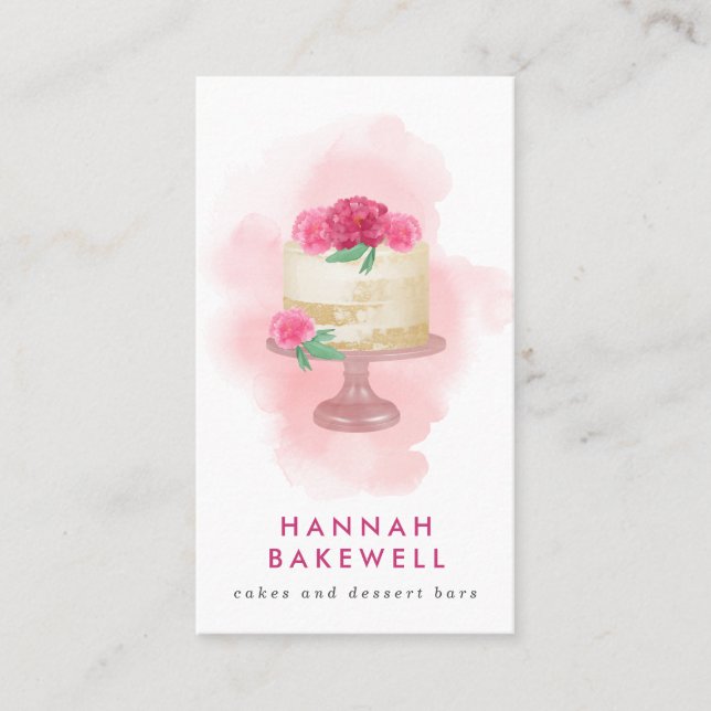 Modern Rosa Watercolor Cake and Flowers Visitkort (Framsida)