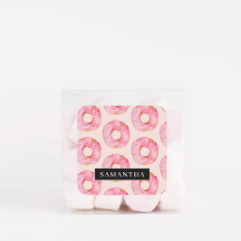 Modern Rosa Watercolor Donuts Mönster med Namn Fyrkantigt Klistermärke