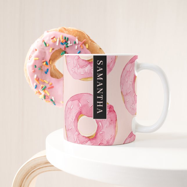 Modern Rosa Watercolor Donuts Mönster med Namn Kaffemugg (Skapare uppladdad)