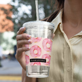 Modern Rosa Watercolor Donuts Mönster med Namn Take Away Mugg