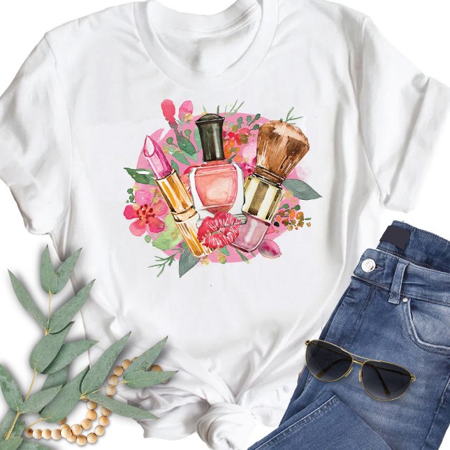 Modern Rosa Watercolor Makeup Artist Girly Chic T Shirt (Skapare uppladdad)