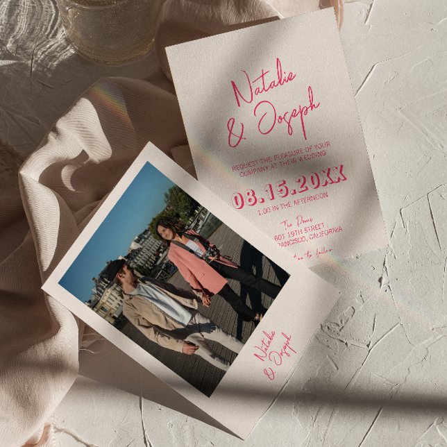 Modern Rosa Whimsical Bright Retro Photo Bröllop Inbjudningar (Skapare uppladdad)