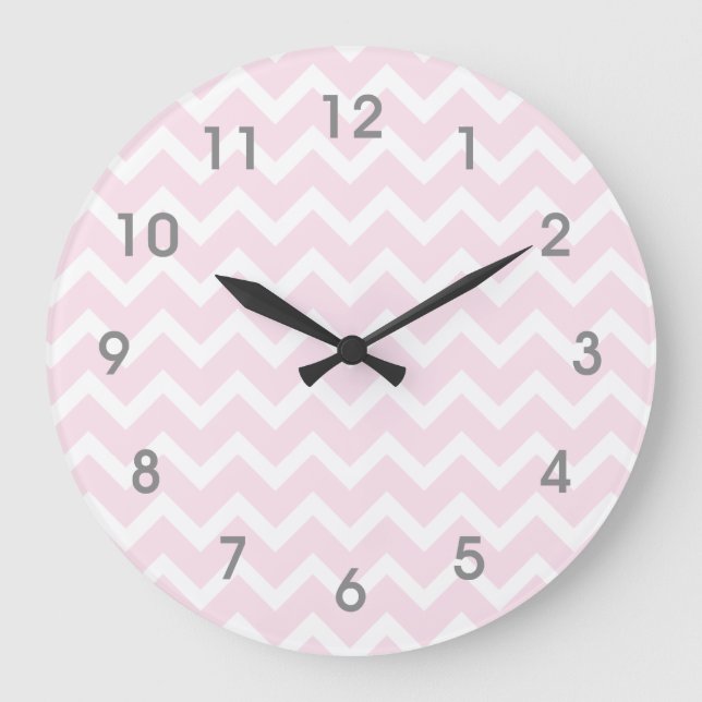 Modern Rosa & White Chevron Clock - grått-nummer Stor Klocka (Framsida)