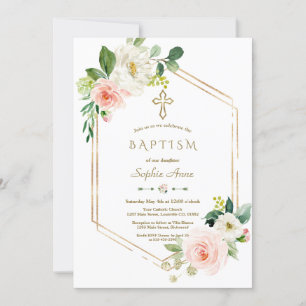 Modern Rosa White Flowers Bloom Guld Kor Baptism Inbjudningar