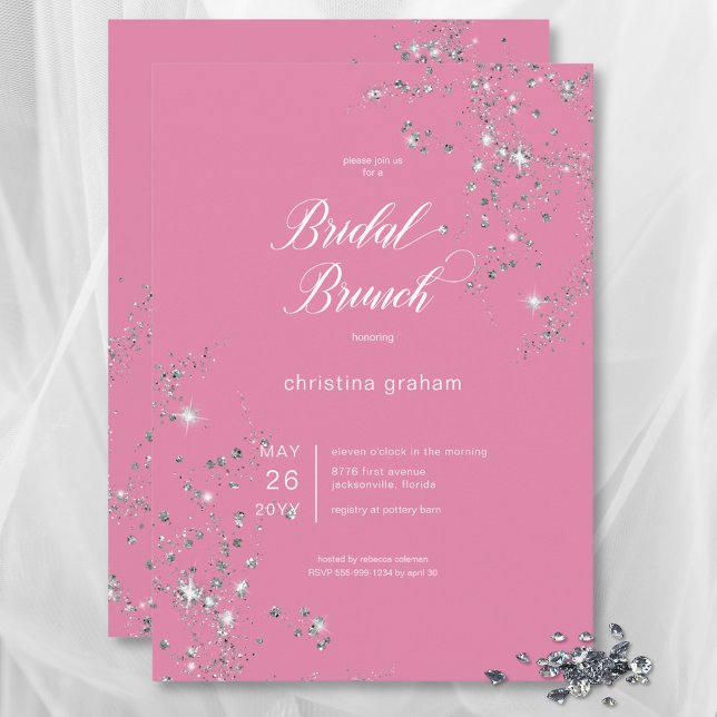 Modern Rosa & White Glam Diamonds Möhippa Brunch Inbjudningar (Modern Pink & White Glam Diamonds Bridal Brunch Invitation)