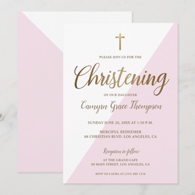 Modern Rosa White Guld Christening flicka Inbjudningar (Fram/baksida)