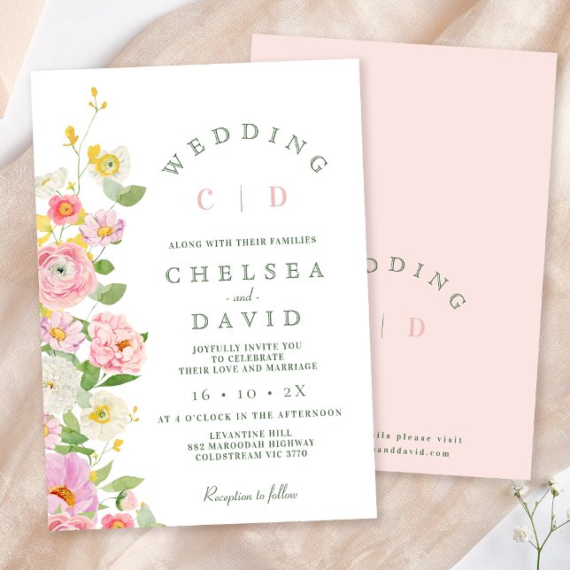 Modern Rosa White Monogram Blommigt Bröllop Inbjudningar (Modern Floral Wedding Invitation Template, Pink Floral Wedding Invitation, Spring Pastel Floral )