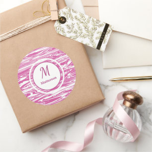 Modern Rosa White Mönster Monogram-Anpassningsbar Runt Klistermärke