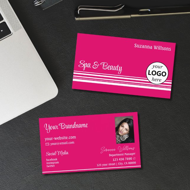 Modern Rosa White Rand Chic med Logotyp och foto Visitkort (Skapare uppladdad)