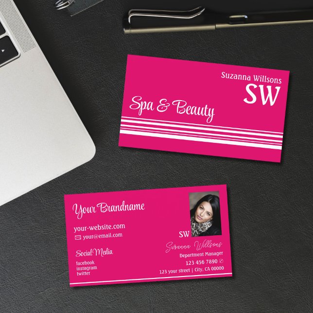 Modern Rosa White Rand med Monogram och foto Visitkort (Skapare uppladdad)