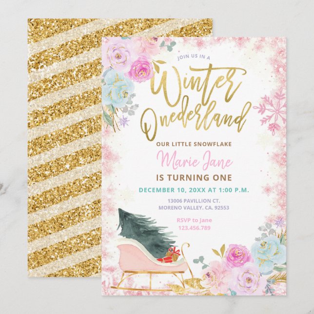 Modern Rosa Winter Onederland Birthday-inbjudan Inbjudningar (Fram/baksida)