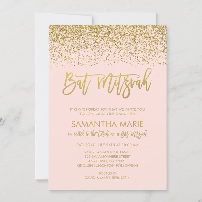 Modern rosabränd falsk guldglitter Bat Mitzvah Inbjudningar (Framsida)