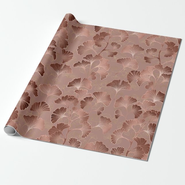 Modern rosabränd Ginkgo-bladlyx Pattern Presentpapper (Utrullad)