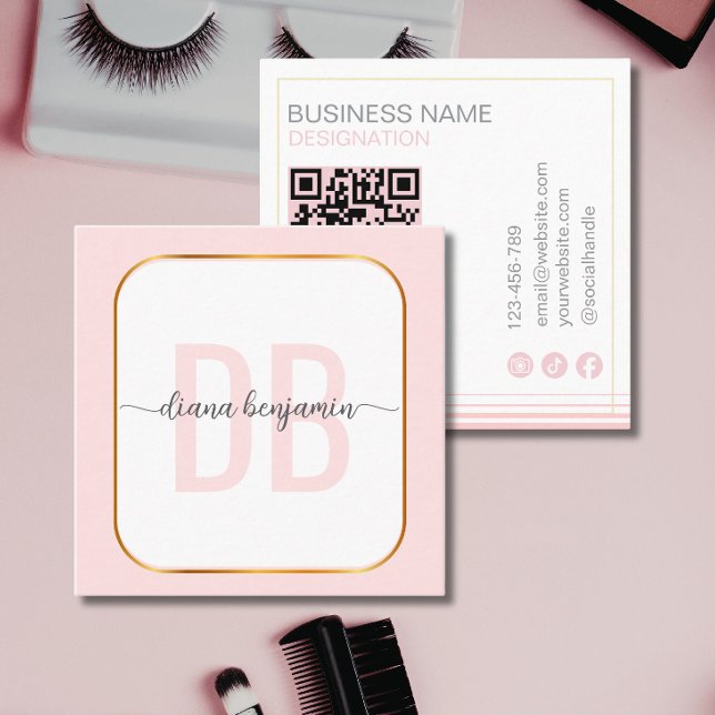 Modern rosabränd och vit Guldmonogram Qr-kod Fyrkantigt Visitkort (Skapare uppladdad)