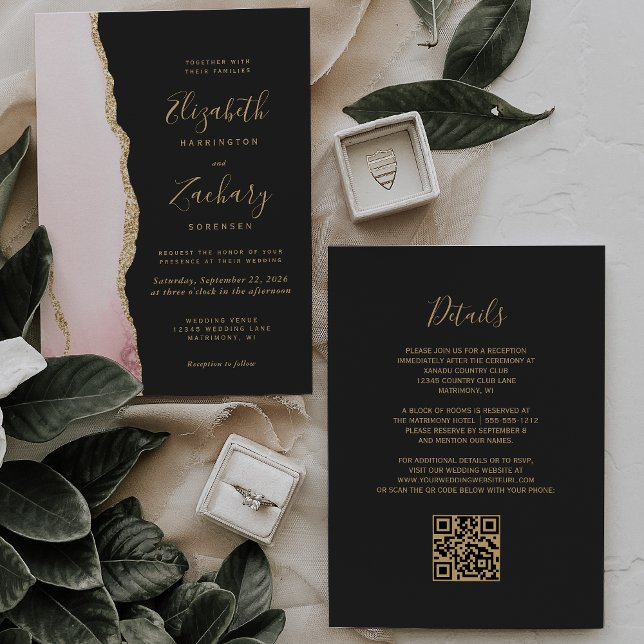 Modern rosabränd rosa guldagate mörk QR-kod bröllo Inbjudningar (Skapare uppladdad)