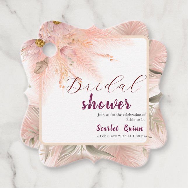 Modern rosabruden bukett av pampasgräs gåvor etiketter (Framsida)