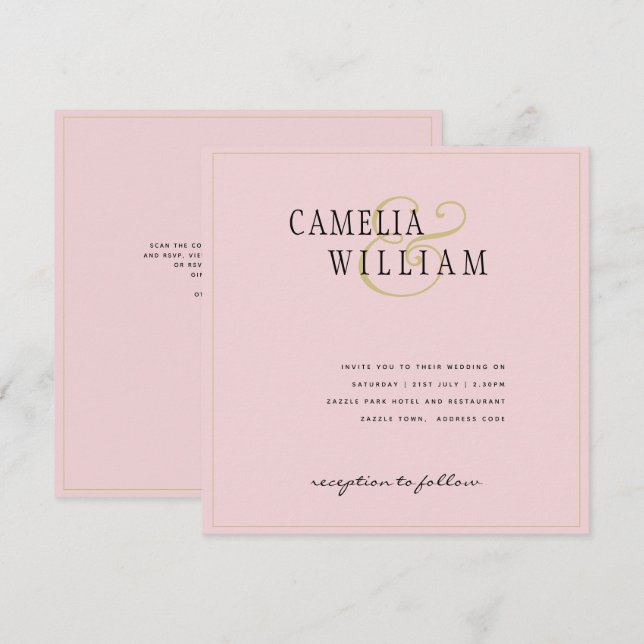 Modern rosabruten bröllopsinbjudan (Fram/baksida)