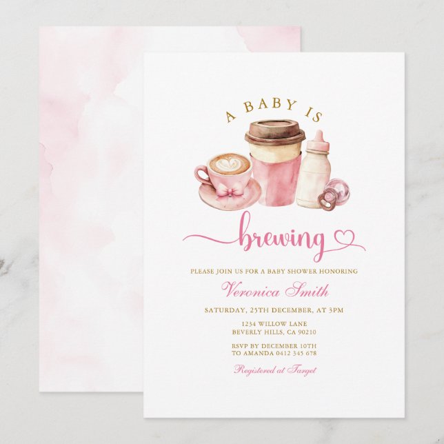 Modern rosabruten kaffetema latte baby shower inbjudningar (Fram/baksida)