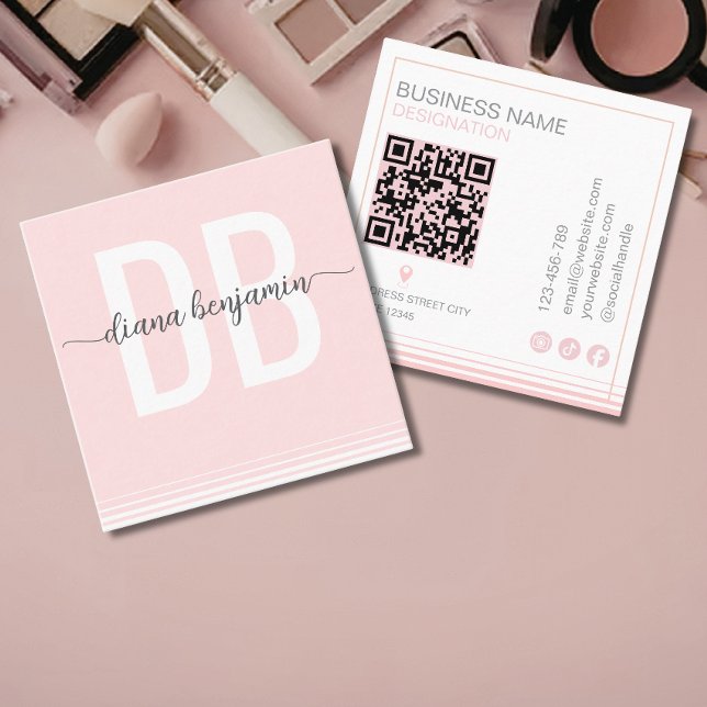 Modern rosabruten och vit monogram QR-kod Fyrkantigt Visitkort (Skapare uppladdad)