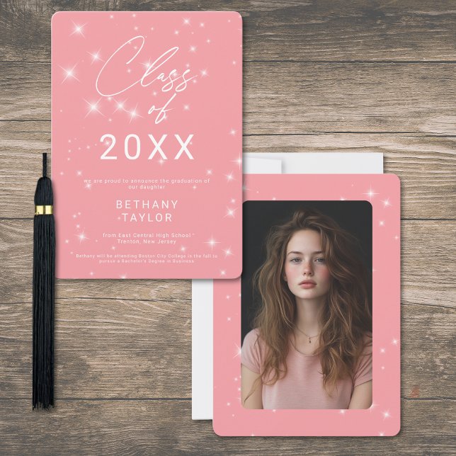 Modern rosabruten rosa och vit glans examen meddelande (Modern Blush Pink & White Sparkle Graduation Announcement)
