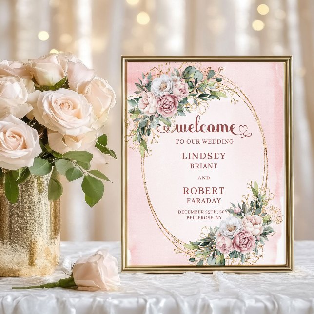 Modern rosapink floral guldglitter välkomstskylt poster (Modern Blush Pink Floral Gold Glitter Welcome)