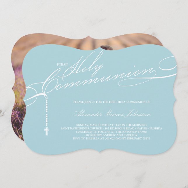 Modern Rosary First Heliga Communion Photo Religiö Inbjudningar (Fram/baksida)