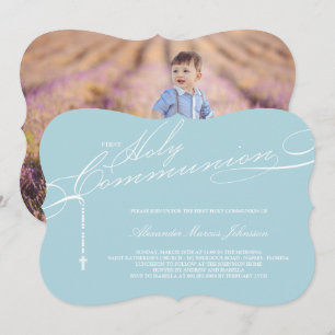 Modern Rosary First Heliga Communion Photo Religiö Inbjudningar