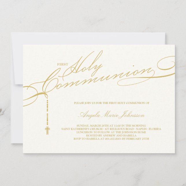Modern Rosary First Heliga Communion Photo Religiö Inbjudningar (Framsida)