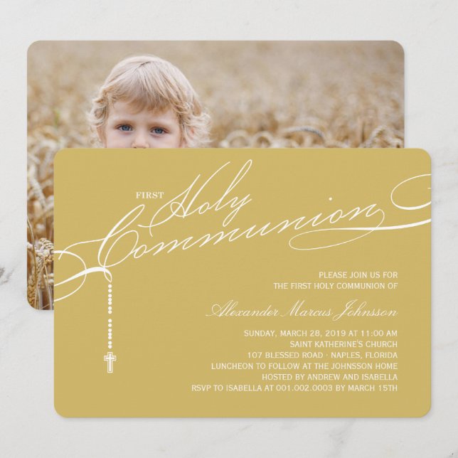 Modern Rosary First Heliga Communion Photo Religiö Inbjudningar (Fram/baksida)