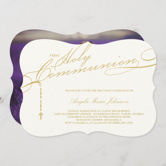 Modern Rosary First Heliga Communion Photo Religiö Inbjudningar (Fram/baksida)