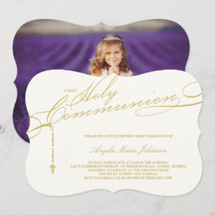 Modern Rosary First Heliga Communion Photo Religiö Inbjudningar