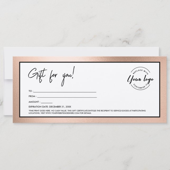 Modern Rose Gold Add Logo Gift Certificate Inbjudningar (Framsida)