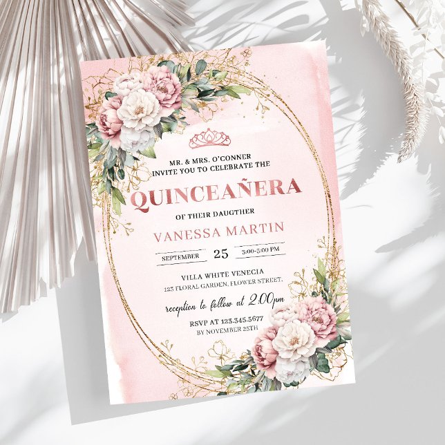 Modern Rose Gold Floral Greenery 15th Birthday Inbjudningar (Modern Rose Gold Floral Greenery 15th Birthday)