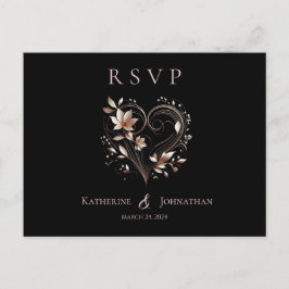 Modern Rose Gold Flowers and a Heart-RSVP-Wedding- Vykort